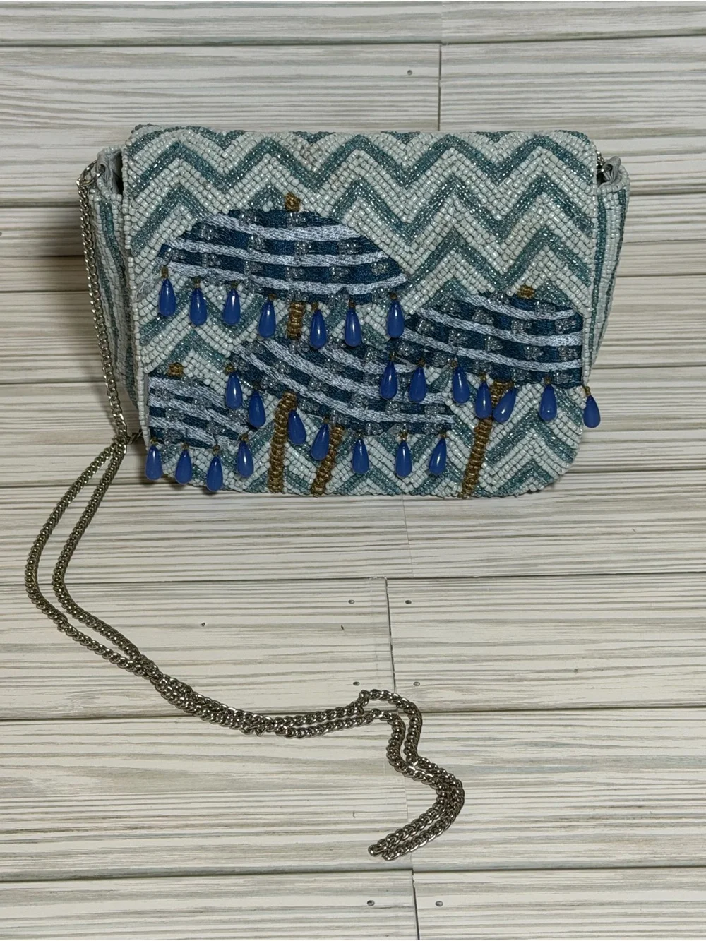 Viral Beaded Umbrella Crossbody Bag Blue Wht Chevron Seed Bead Chain Strap Purse